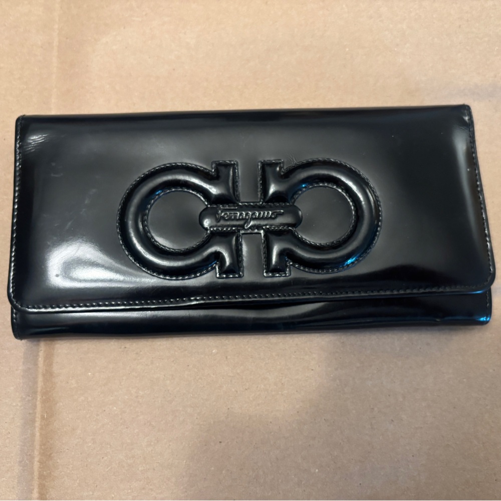 Salvatore Ferragamo Gancini Glossy Black Long Wallet